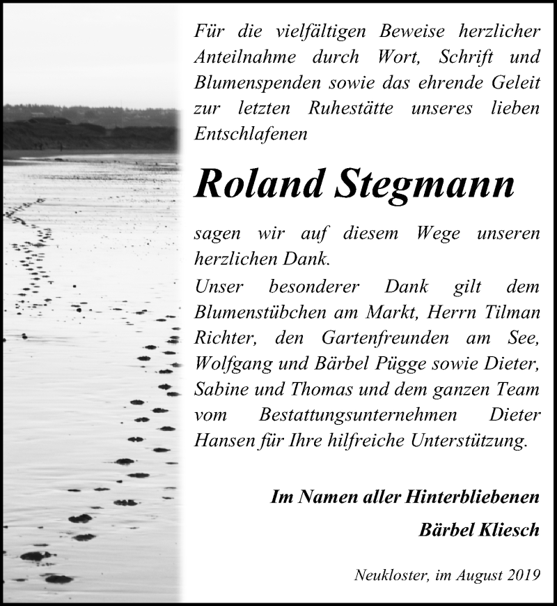  Traueranzeige für Roland Stegmann vom 24.08.2019 aus Ostsee-Zeitung GmbH