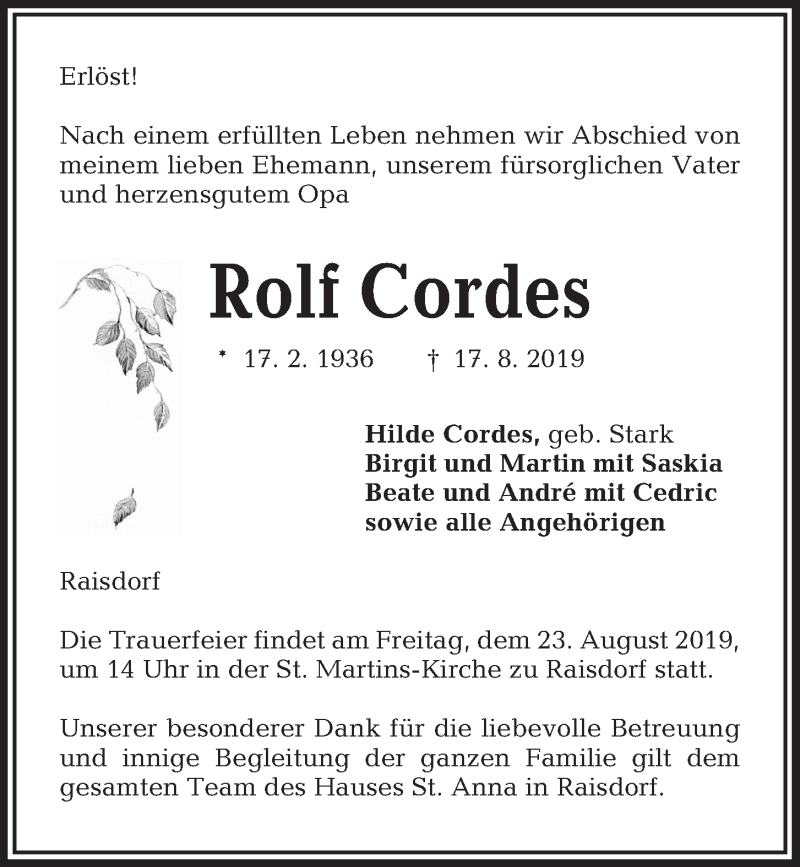  Traueranzeige für Rolf Cordes vom 20.08.2019 aus Kieler Nachrichten