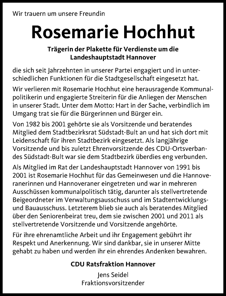  Traueranzeige für Rosemarie Hochhut vom 17.08.2019 aus Hannoversche Allgemeine Zeitung/Neue Presse
