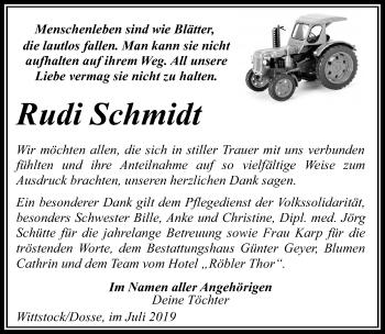Traueranzeige von Rudi Schmidt von Märkischen Allgemeine Zeitung