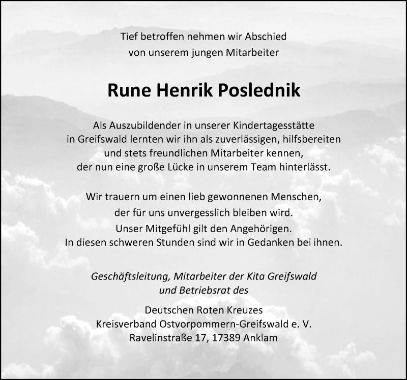  Traueranzeige für Rune Henrik Poslednik vom 03.08.2019 aus Ostsee-Zeitung GmbH