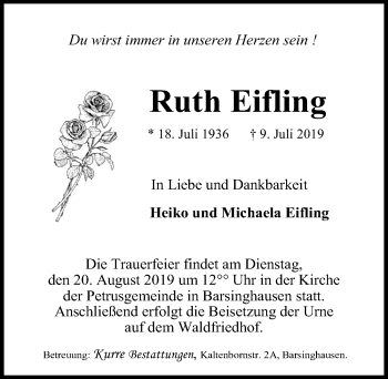 Traueranzeige von Ruth Eifling von Hannoversche Allgemeine Zeitung/Neue Presse