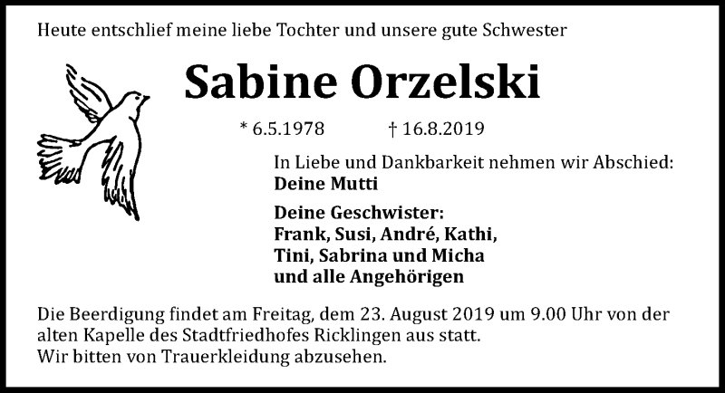  Traueranzeige für Sabine Orzelski vom 21.08.2019 aus Hannoversche Allgemeine Zeitung/Neue Presse