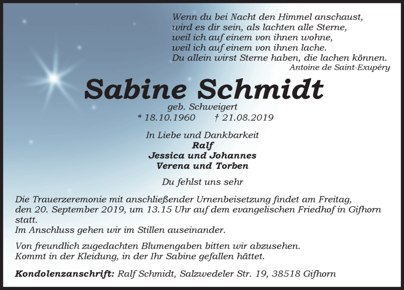  Traueranzeige für Sabine Schmidt vom 31.08.2019 aus Aller Zeitung