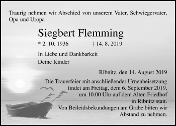 Traueranzeige von Siegbert Flemming von Ostsee-Zeitung GmbH