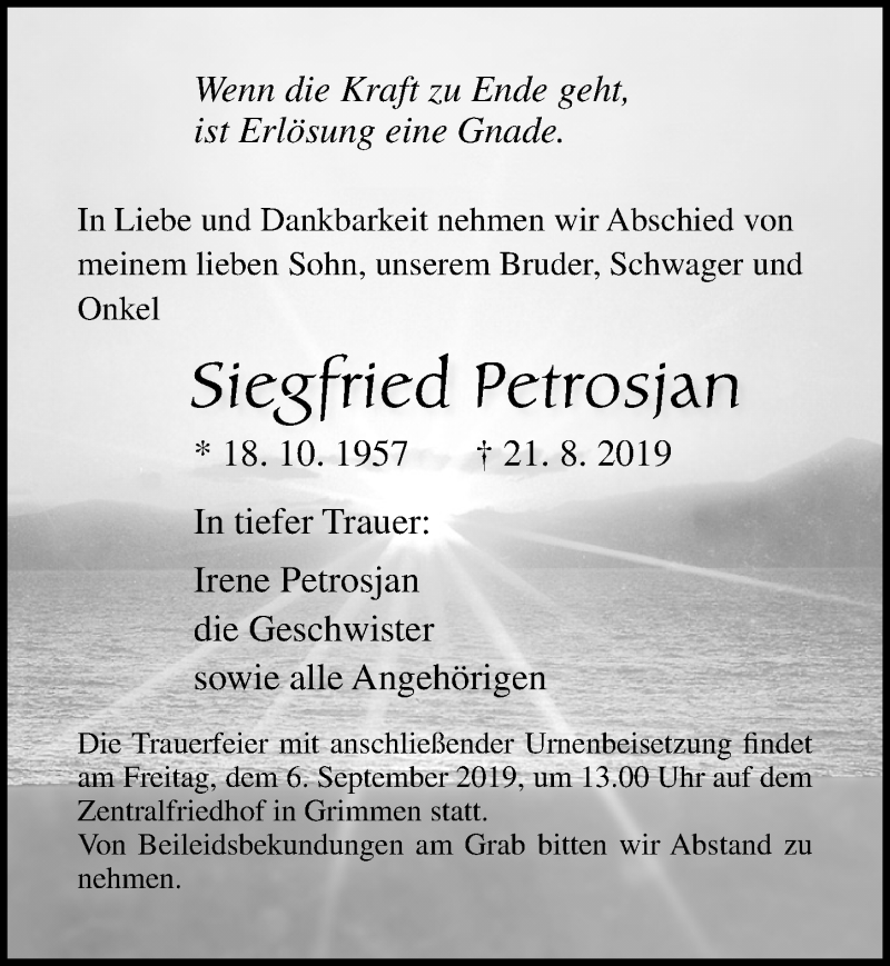  Traueranzeige für Siegfried Petrosjan vom 24.08.2019 aus Ostsee-Zeitung GmbH