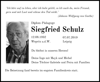 Traueranzeige von Siegfried Schulz von Leipziger Volkszeitung