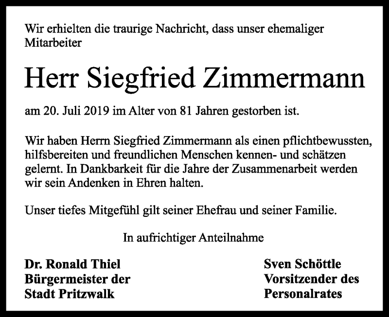  Traueranzeige für Siegfried Zimmermann vom 17.08.2019 aus Märkischen Allgemeine Zeitung