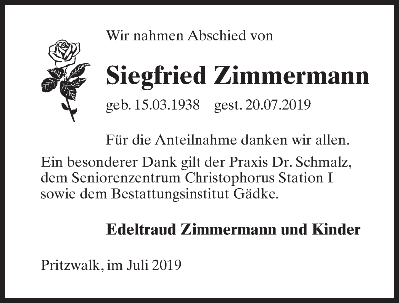  Traueranzeige für Siegfried Zimmermann vom 10.08.2019 aus Märkischen Allgemeine Zeitung