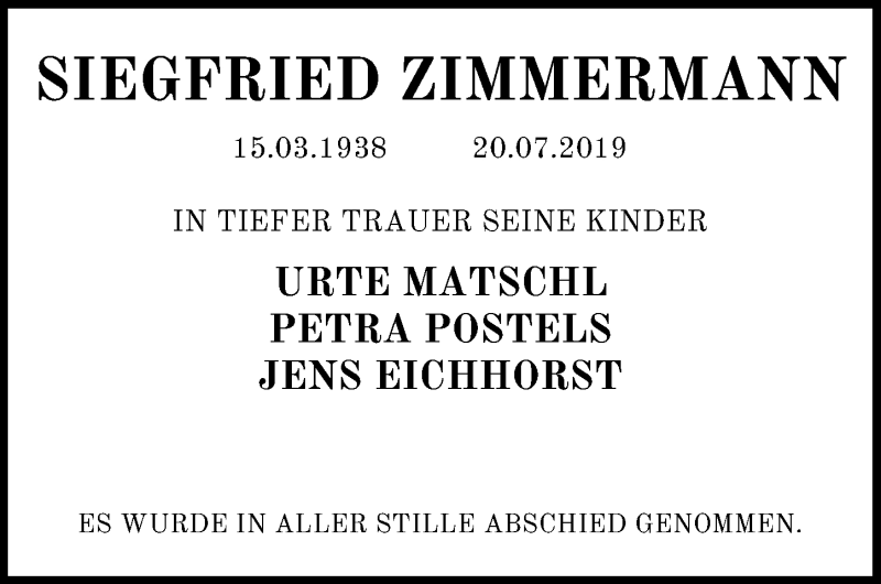  Traueranzeige für Siegfried Zimmermann vom 17.08.2019 aus Märkischen Allgemeine Zeitung