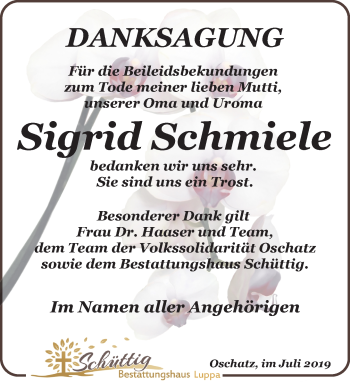 Traueranzeige von Sigrid Schmiele von Leipziger Volkszeitung