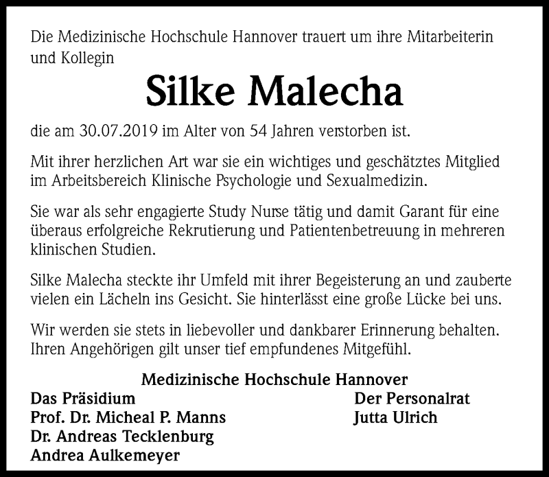  Traueranzeige für Silke Malecha vom 24.08.2019 aus Hannoversche Allgemeine Zeitung/Neue Presse