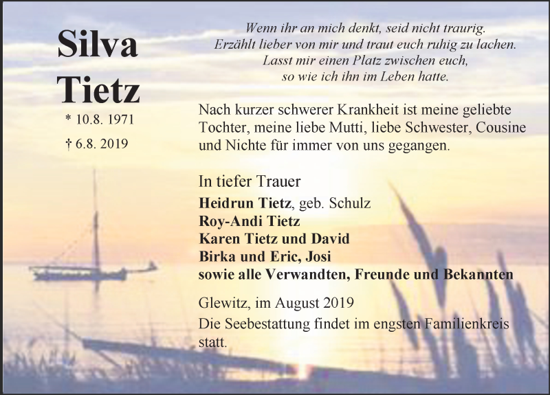  Traueranzeige für Silva Tietz vom 10.08.2019 aus Ostsee-Zeitung GmbH