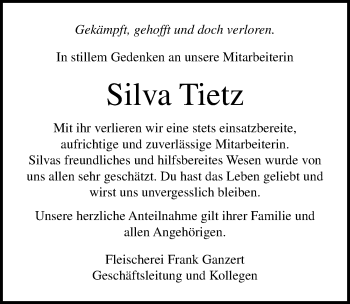 Traueranzeige von Silva Tietz von Ostsee-Zeitung GmbH