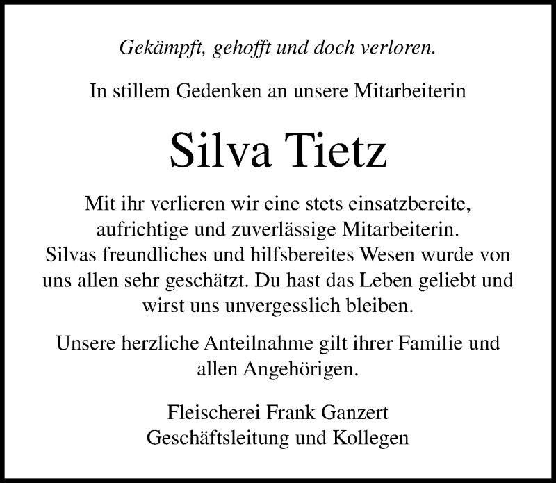  Traueranzeige für Silva Tietz vom 14.08.2019 aus Ostsee-Zeitung GmbH