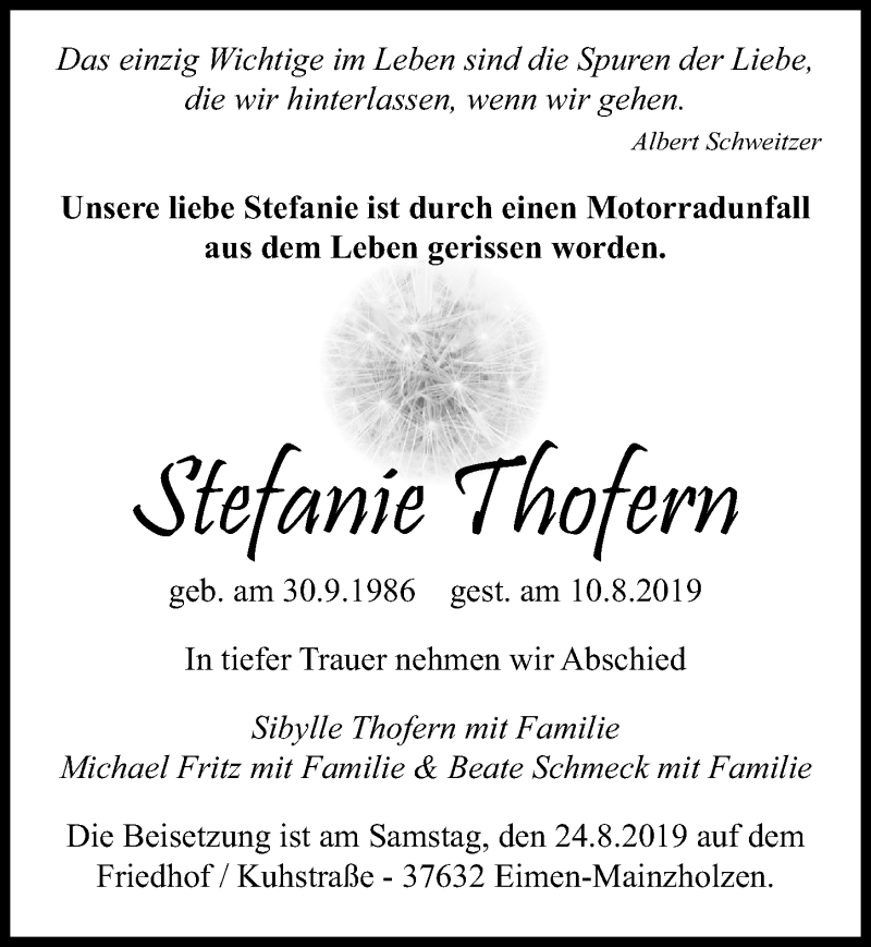  Traueranzeige für Stefanie Thofern vom 17.08.2019 aus Göttinger Tageblatt