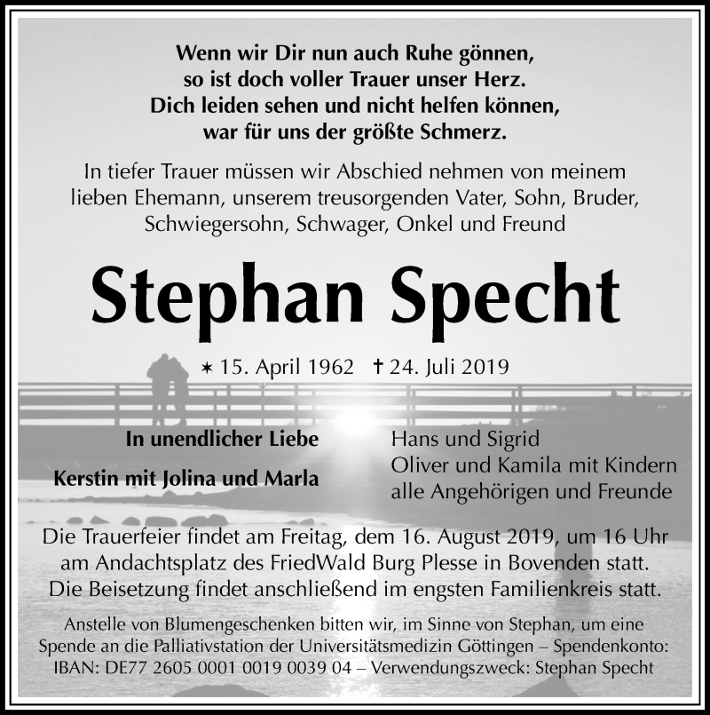  Traueranzeige für Stephan Specht vom 03.08.2019 aus Göttinger Tageblatt