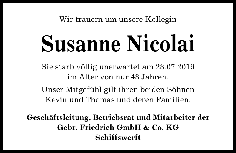  Traueranzeige für Susanne Nicolai vom 03.08.2019 aus Kieler Nachrichten