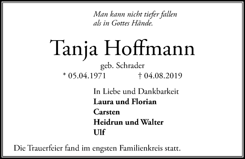  Traueranzeige für Tanja Hoffmann vom 17.08.2019 aus Aller Zeitung