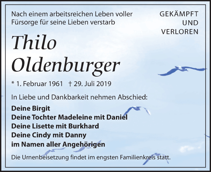  Traueranzeige für Thilo Oldenburger vom 03.08.2019 aus Leipziger Volkszeitung