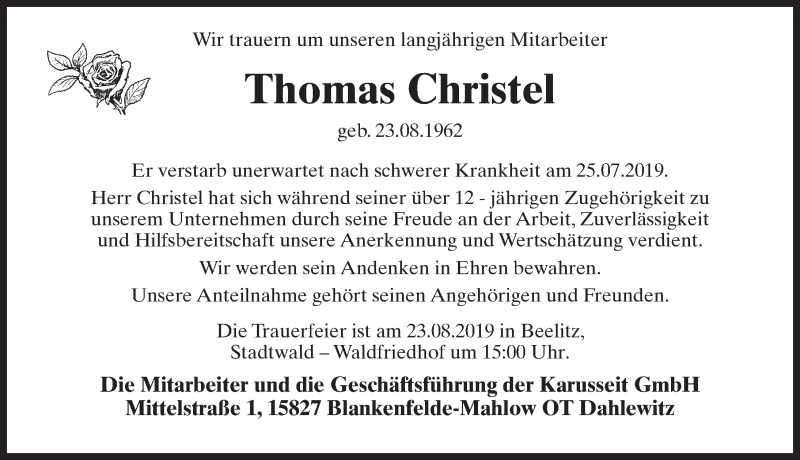 Traueranzeigen Von Thomas Christel Trauer Anzeigende 