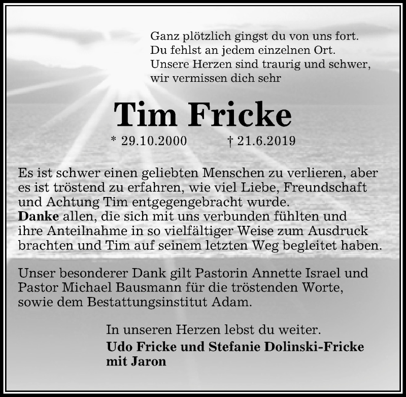  Traueranzeige für Tim Fricke vom 10.08.2019 aus Aller Zeitung