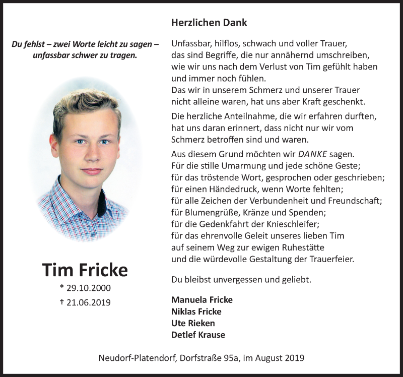  Traueranzeige für Tim Fricke vom 03.08.2019 aus Aller Zeitung