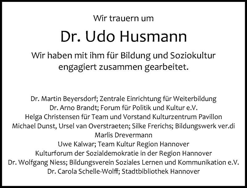  Traueranzeige für Udo Husmann vom 28.08.2019 aus Hannoversche Allgemeine Zeitung/Neue Presse