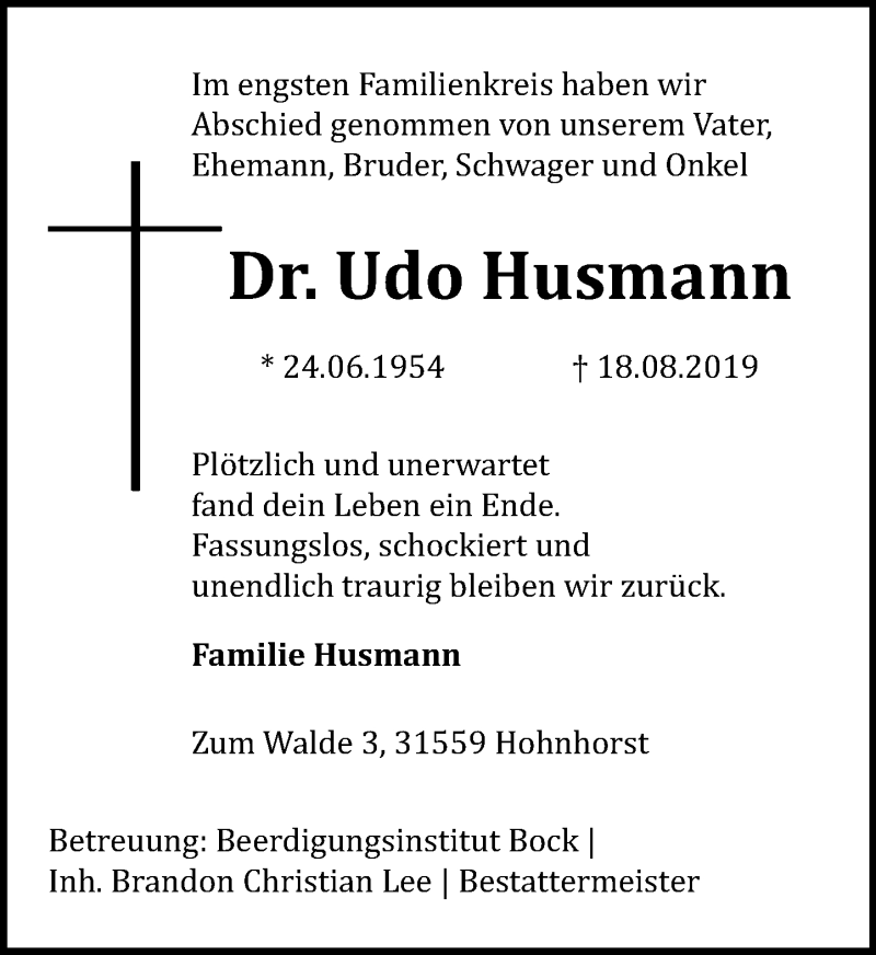  Traueranzeige für Udo Husmann vom 24.08.2019 aus Schaumburger Nachrichten