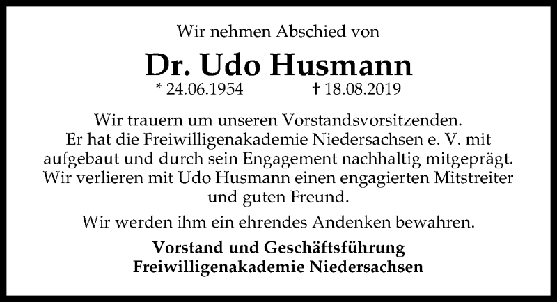  Traueranzeige für Udo Husmann vom 24.08.2019 aus Hannoversche Allgemeine Zeitung/Neue Presse