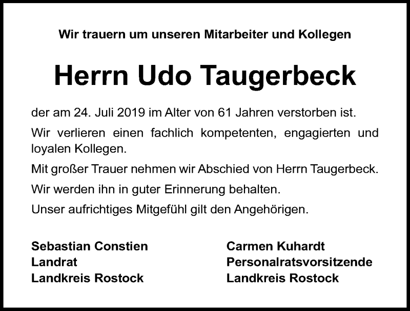  Traueranzeige für Udo Taugerbeck vom 03.08.2019 aus Ostsee-Zeitung GmbH