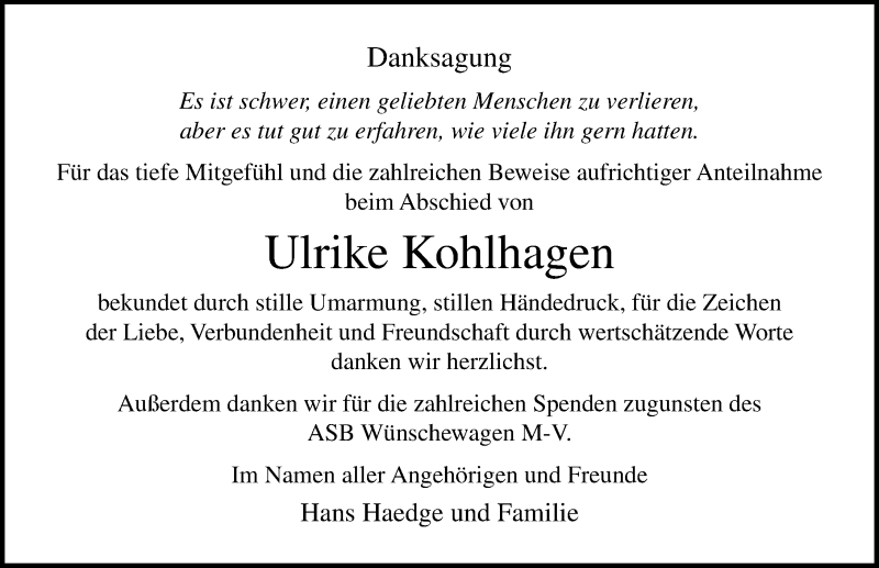  Traueranzeige für Ulrike Kohlhagen vom 03.08.2019 aus Ostsee-Zeitung GmbH