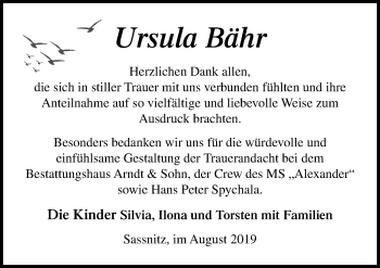 Traueranzeige von Ursula Bähr von Ostsee-Zeitung GmbH