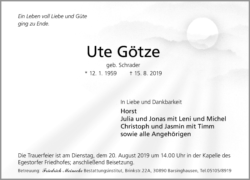  Traueranzeige für Ute Götze vom 17.08.2019 aus Hannoversche Allgemeine Zeitung/Neue Presse