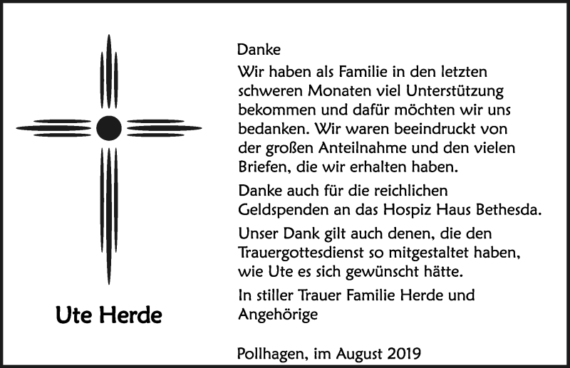  Traueranzeige für Ute Herde vom 03.08.2019 aus Schaumburger Nachrichten