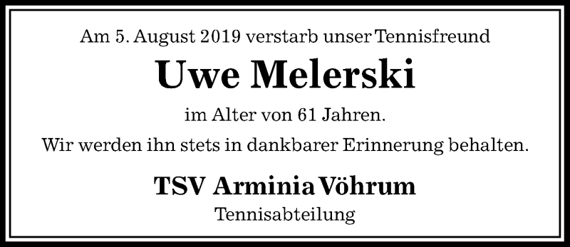  Traueranzeige für Uwe Melerski vom 12.08.2019 aus Peiner Allgemeine Zeitung