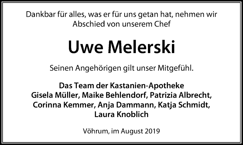 Traueranzeige für Uwe Melerski vom 12.08.2019 aus Peiner Allgemeine Zeitung