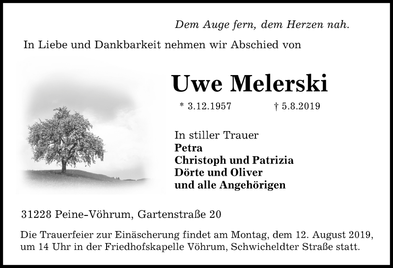  Traueranzeige für Uwe Melerski vom 08.08.2019 aus Peiner Allgemeine Zeitung