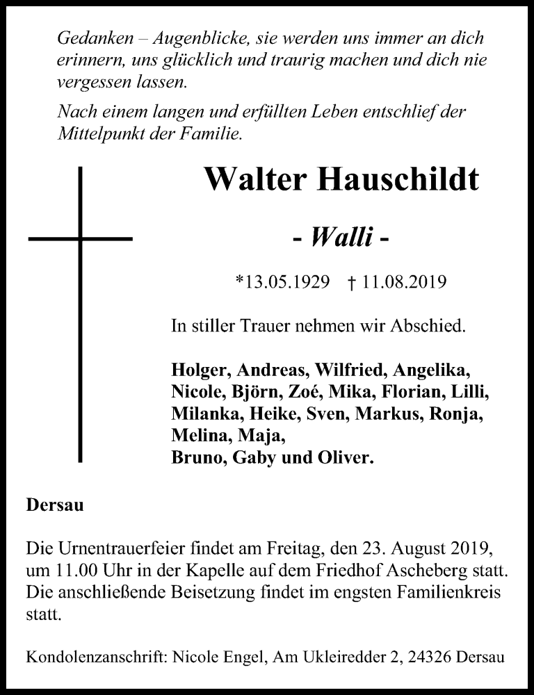  Traueranzeige für Walter Hauschildt vom 17.08.2019 aus Kieler Nachrichten