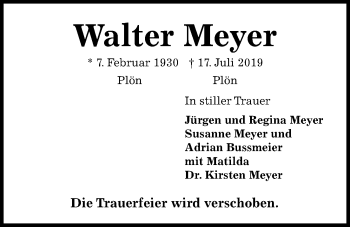 Traueranzeige von Walter Meyer von Kieler Nachrichten