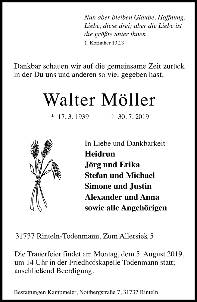  Traueranzeige für Walter Möller vom 02.08.2019 aus Schaumburger Nachrichten