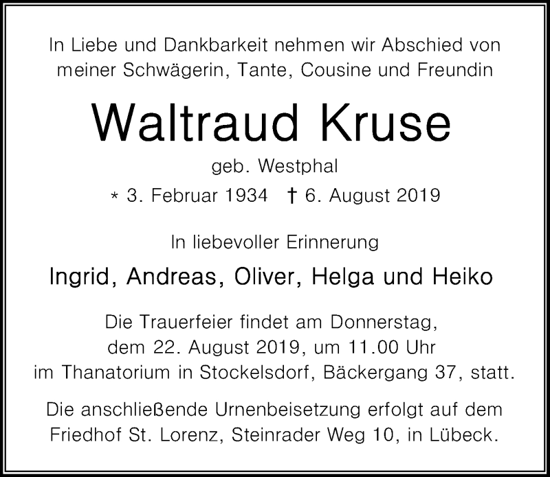  Traueranzeige für Waltraud Kruse vom 18.08.2019 aus Lübecker Nachrichten