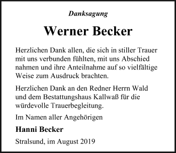 Traueranzeige von Werner Becker von Ostsee-Zeitung GmbH