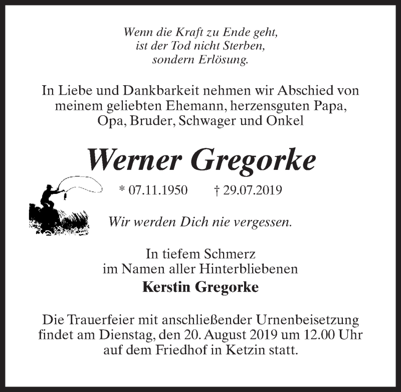  Traueranzeige für Werner Gregorke vom 10.08.2019 aus Märkischen Allgemeine Zeitung