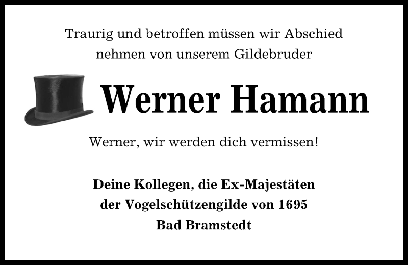  Traueranzeige für Werner Hamann vom 31.07.2019 aus Kieler Nachrichten