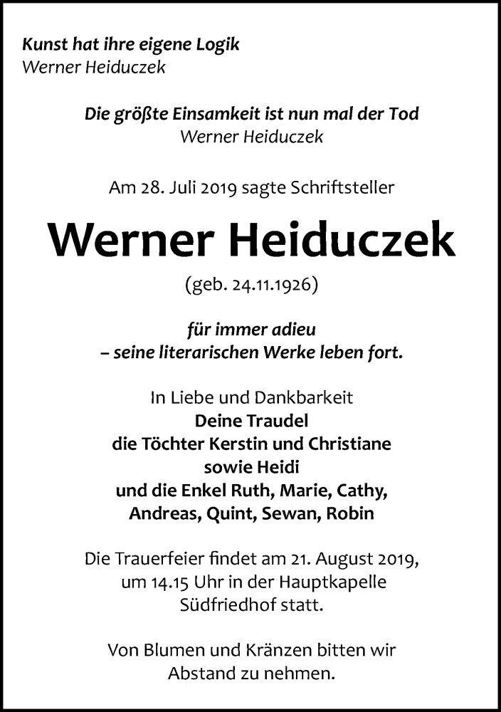  Traueranzeige für Werner Heiduczek vom 10.08.2019 aus Leipziger Volkszeitung