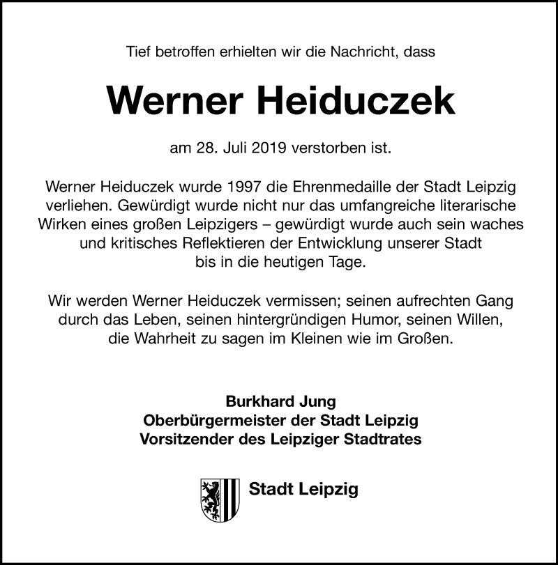  Traueranzeige für Werner Heiduczek vom 01.08.2019 aus Leipziger Volkszeitung