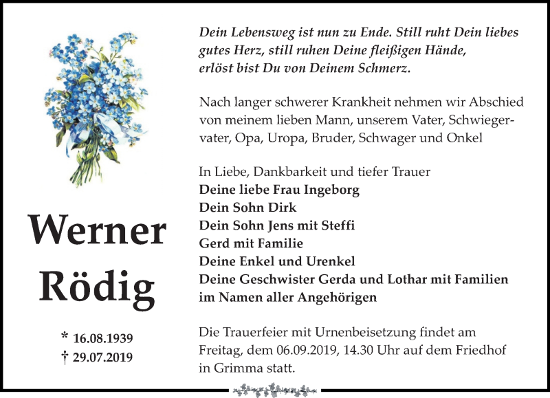  Traueranzeige für Werner Rödig vom 17.08.2019 aus Leipziger Volkszeitung