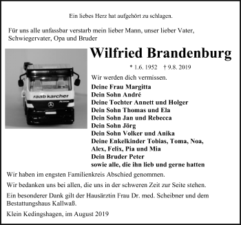 Traueranzeige von Wilfried Brandenburg von Ostsee-Zeitung GmbH