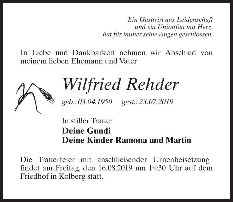  Traueranzeige für Wilfried Rehder vom 27.07.2019 aus Märkischen Allgemeine Zeitung